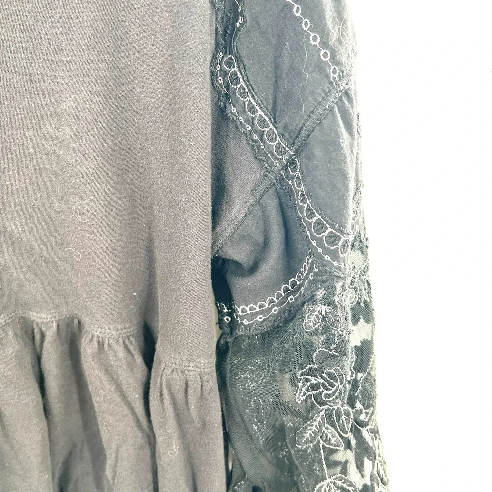 Free People Embroidered Penny Tee black whimsigoth boho‎ whimsical blouse top S